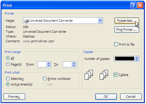 Select "Universal Document Converter" from the list of printers and press the "Properties" button.