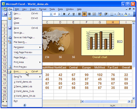 Open the Excel file in Microsoft Excel and press "File->Print..." in the application main menu.